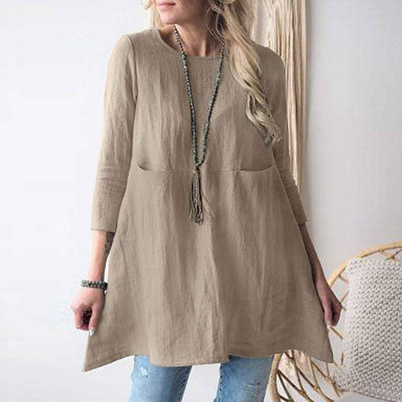 IvyShape | Round Neck Three-Quarter Sleeve Cotton-Linen Dress