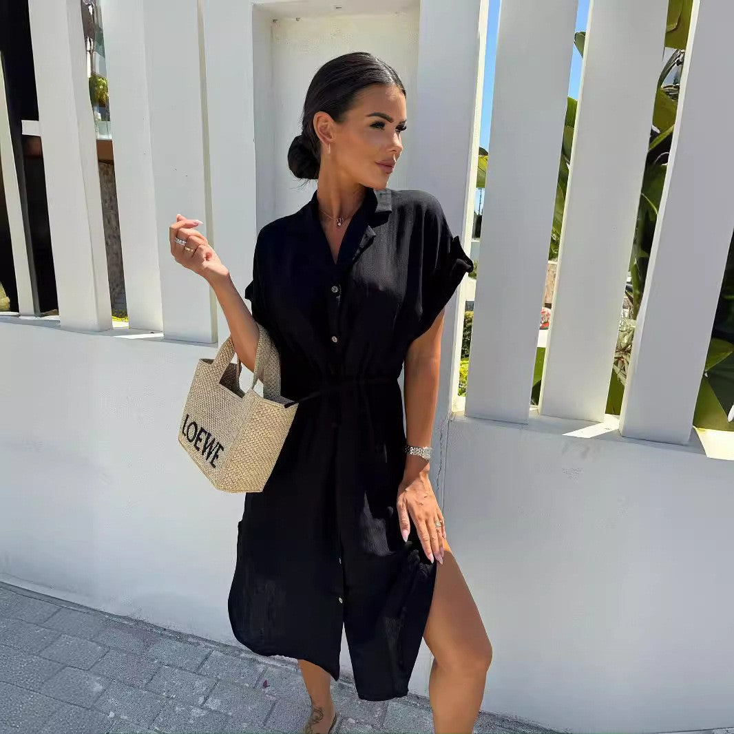 Women's midi dress with waist pull and short sleeves Ivyshape