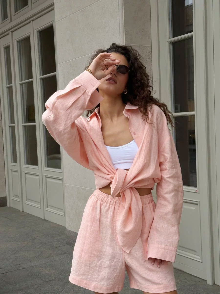 Women casual linen set with loose blouse and shorts Ivyshape