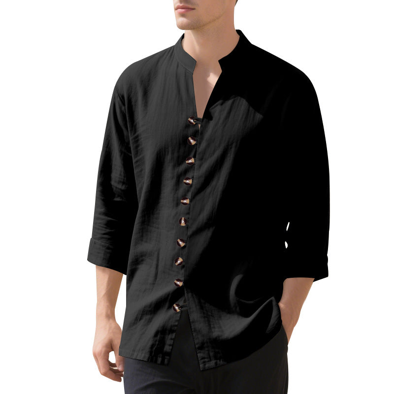 Men's stylish long-sleeve shirt with fashionable stand-up collar and unique button detail Ivyshape