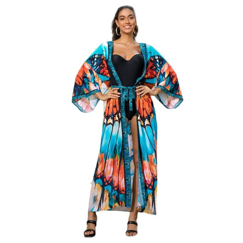 Ladies Shawl Kimono with Vibrant Feather Designs Ivyshape