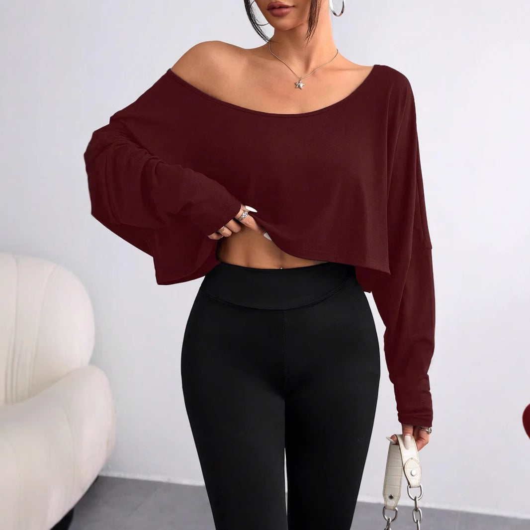 Women's casual oversized long-sleeve shirt with asymmetrical hem and boat neckline Ivyshape