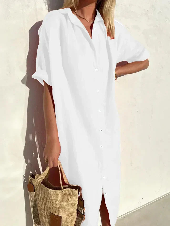 elegant, casual dress for women with wide sleeves and buttons dress made of cotton and linen