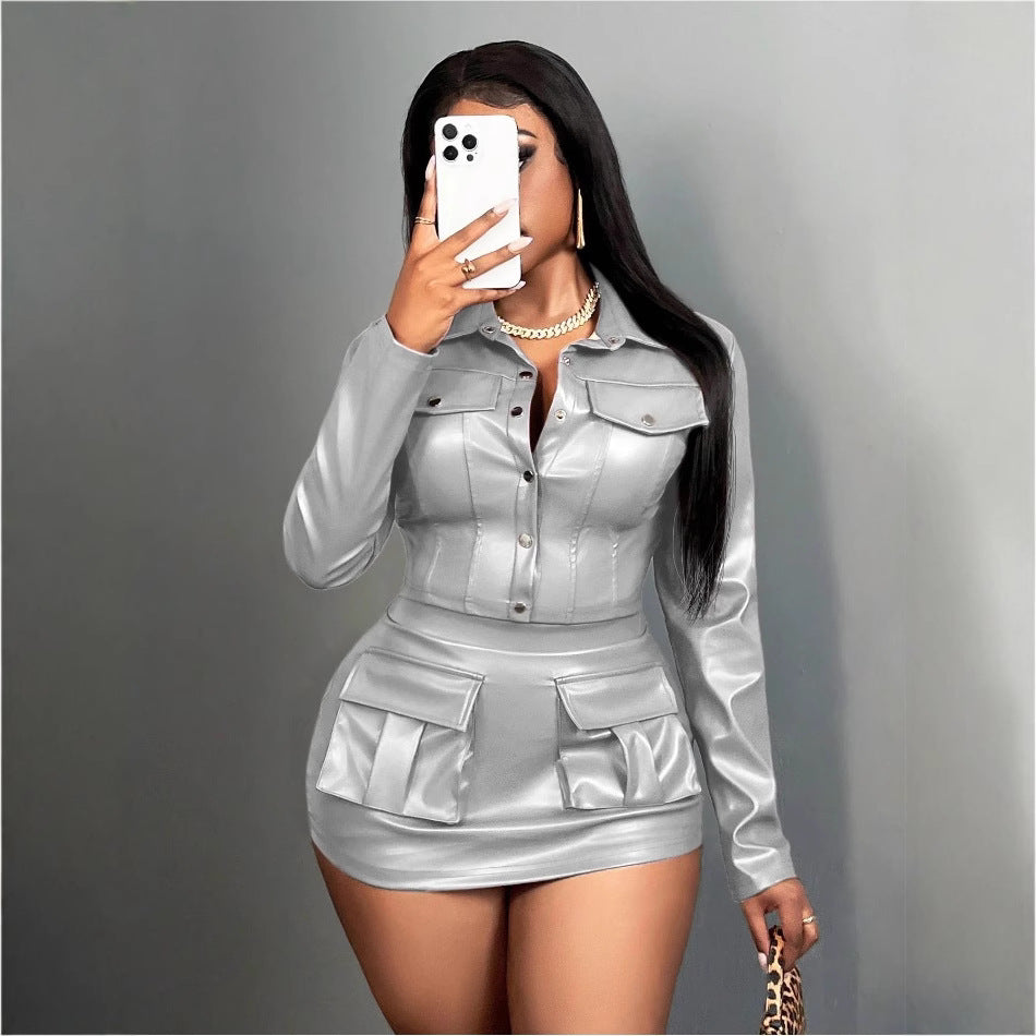 Women Faux Leather Mini Dress with Practical Flap Pockets Ivyshape
