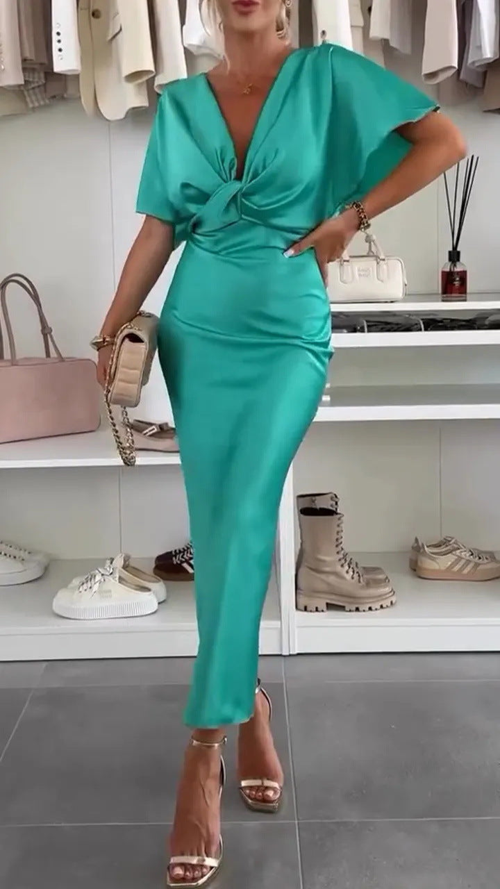 Ladies Knee-Length Satin Dress with Cross Design Ivyshape