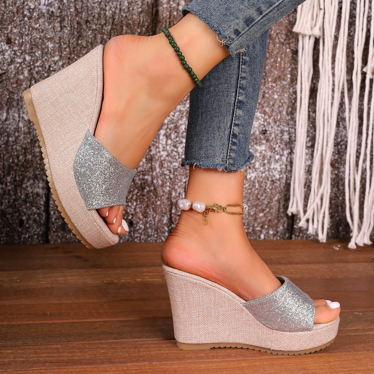Ladies Wedge Slides with Glitter and Non-Slip Sole Ivyshape