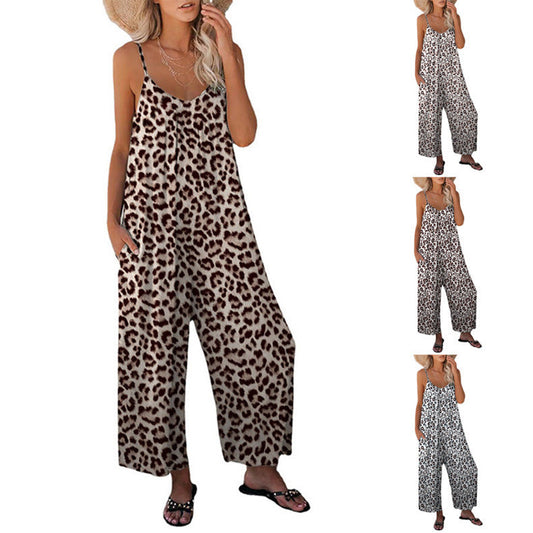 IvyShape | Leopard Print Pocket Loose Strap One-Piece Jumpsuit