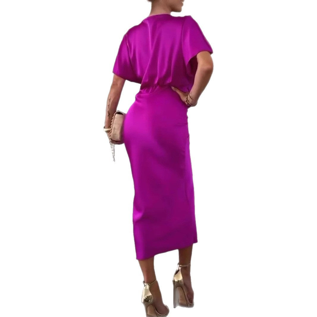 Ladies Knee-Length Satin Dress with Cross Design Ivyshape