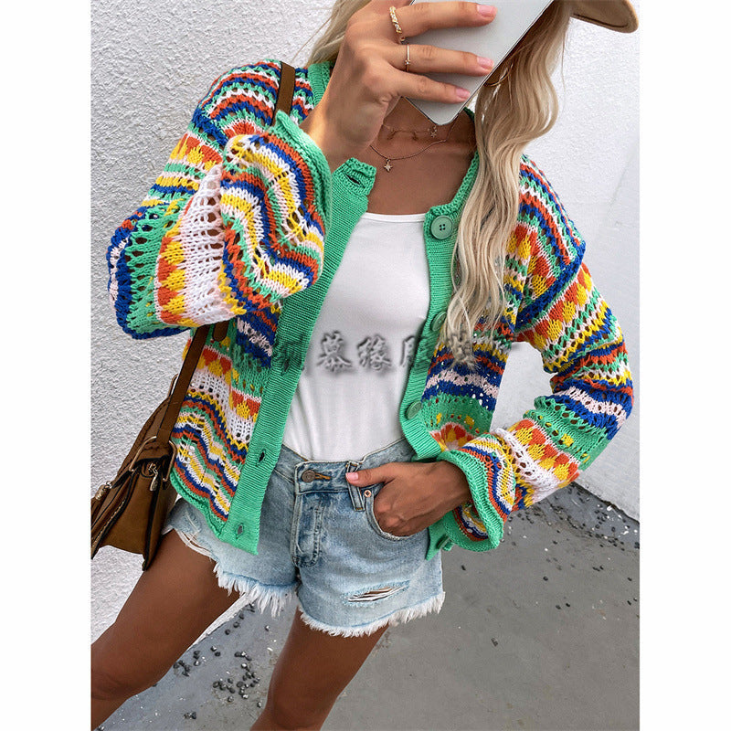 sweater women loose plus size rainbow knit sweater button cardigan