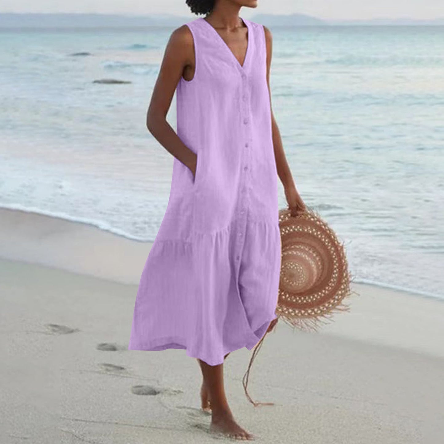 Women's airy maxi dress with button placket and practical pockets Ivyshape