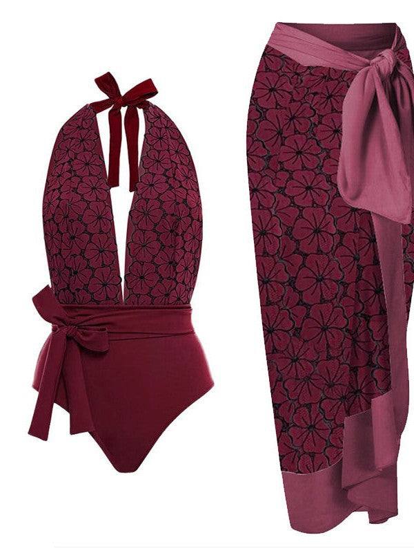 Ladies swimwear set with floral pattern and elegant overlay Ivyshape