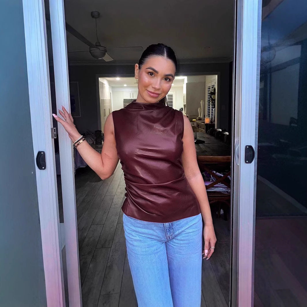 Women Elegant Top made of high-quality faux leather with asymmetric cut Ivyshape