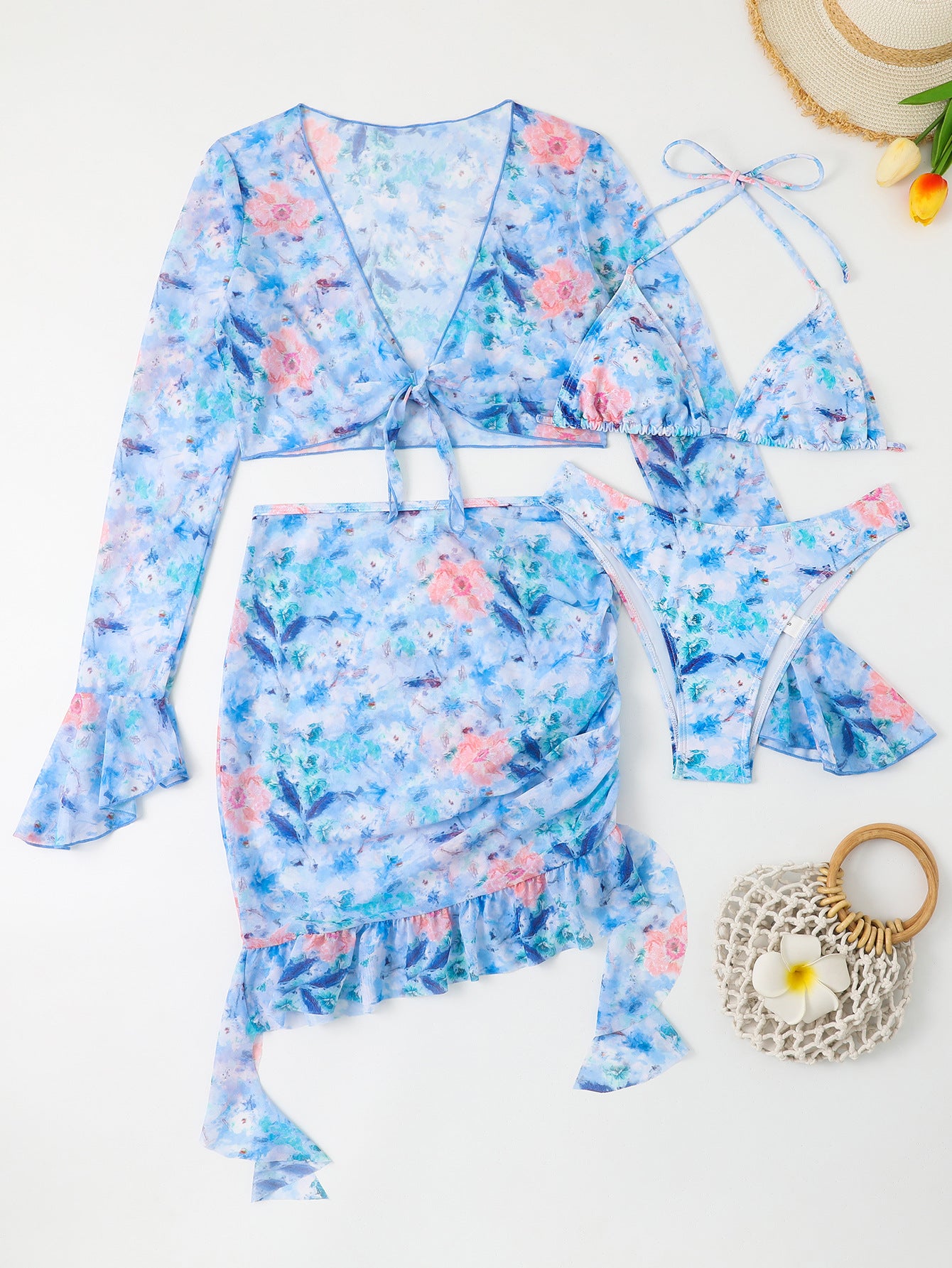 Women’s swimwear set with floral cover-up and triangle bikini Ivyshape