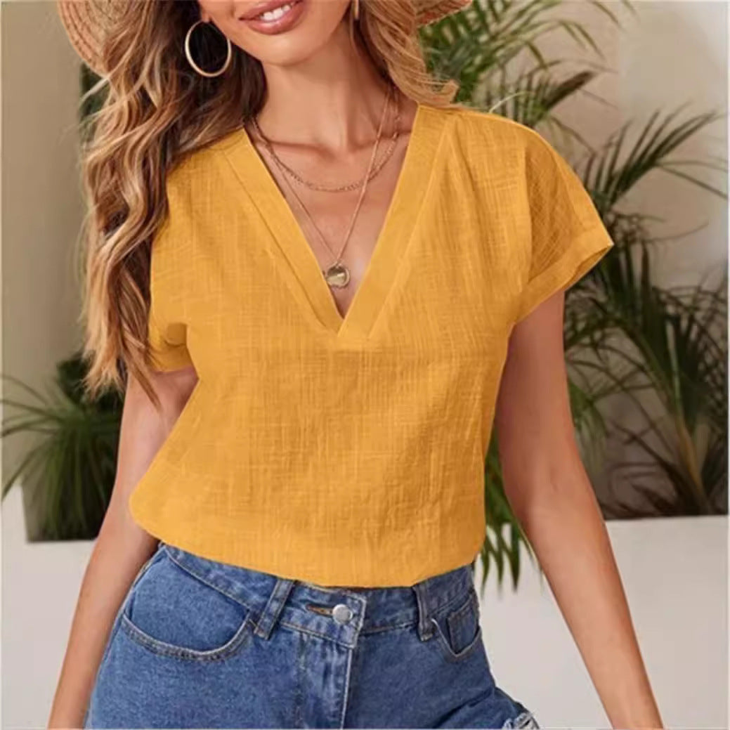Women loose V-neck summer top with short sleeves Ivyshape