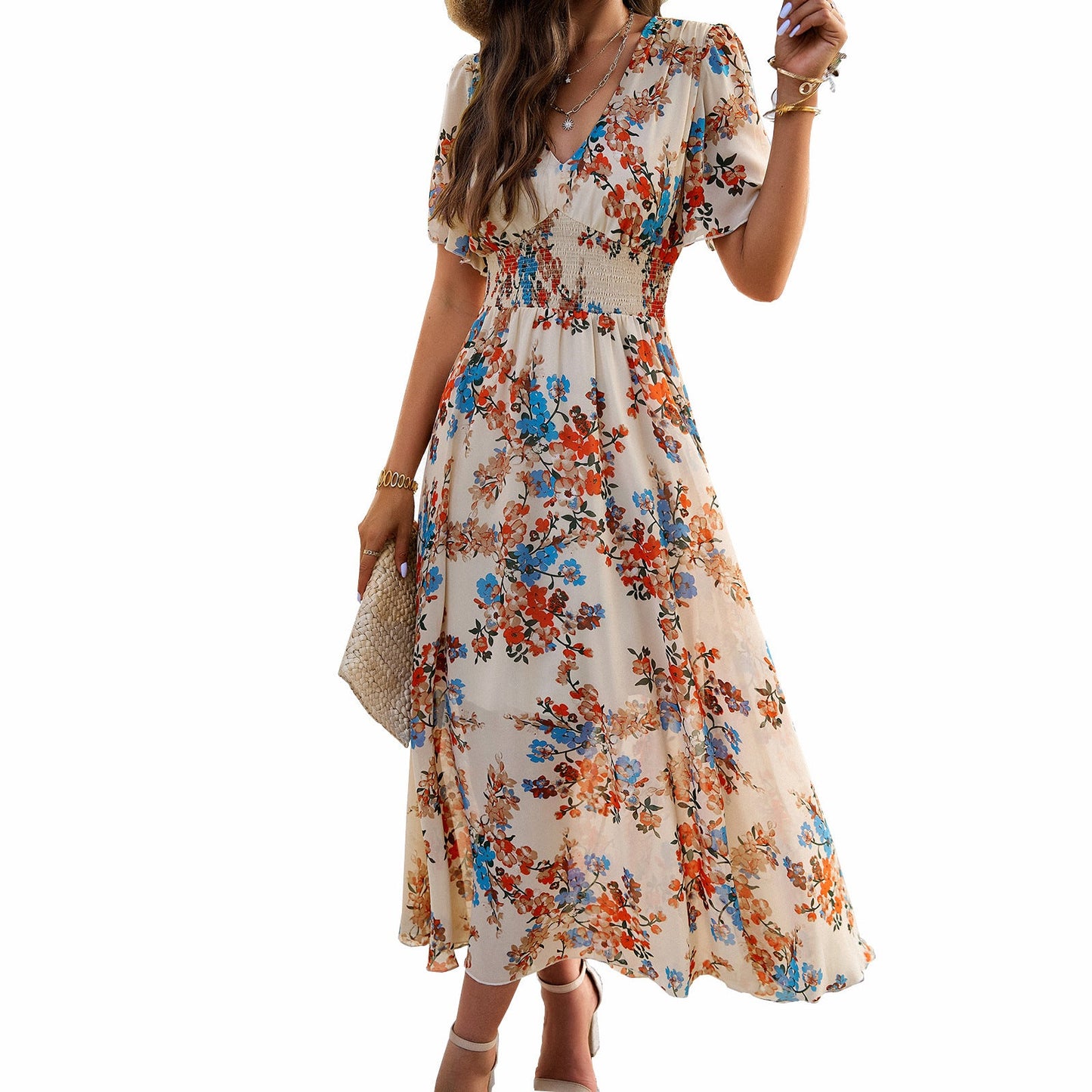 IvyShape | Printed Waist-Defining Short Sleeve Elegant Dress