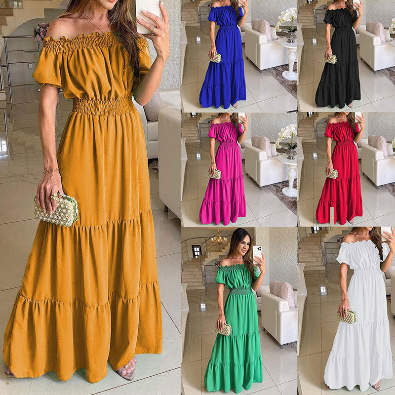 IvyShape | Off-Shoulder Solid Color Elastic Waist Maxi Dress