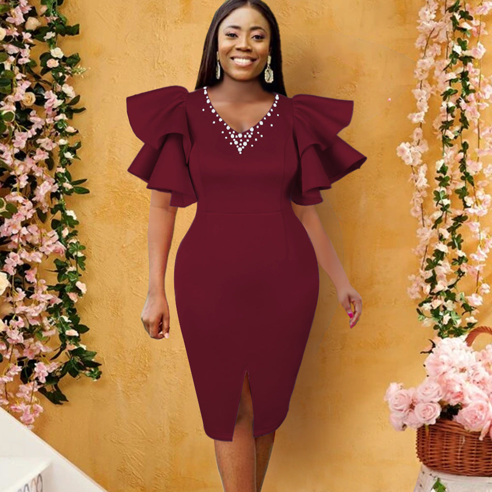 Women Figure-hugging dress with voluminous ruffle shoulders and sparkling accents Ivyshape