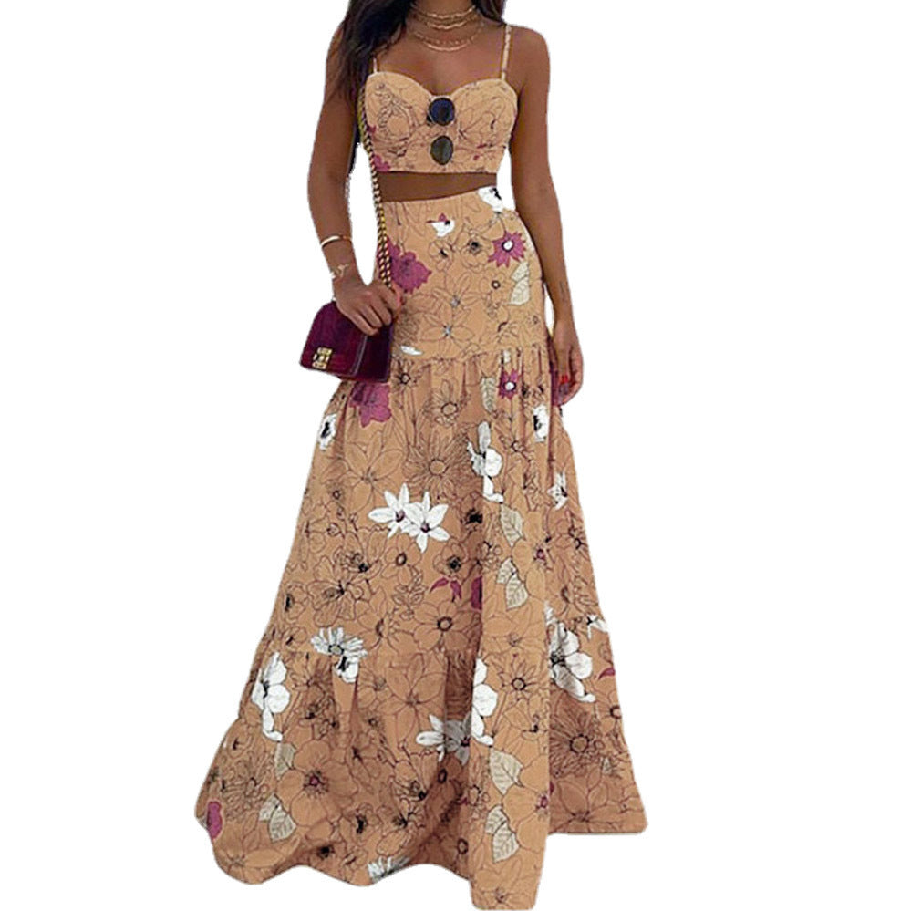 Ladies maxi dress with floral two-piece and tailored silhouette Ivyshape