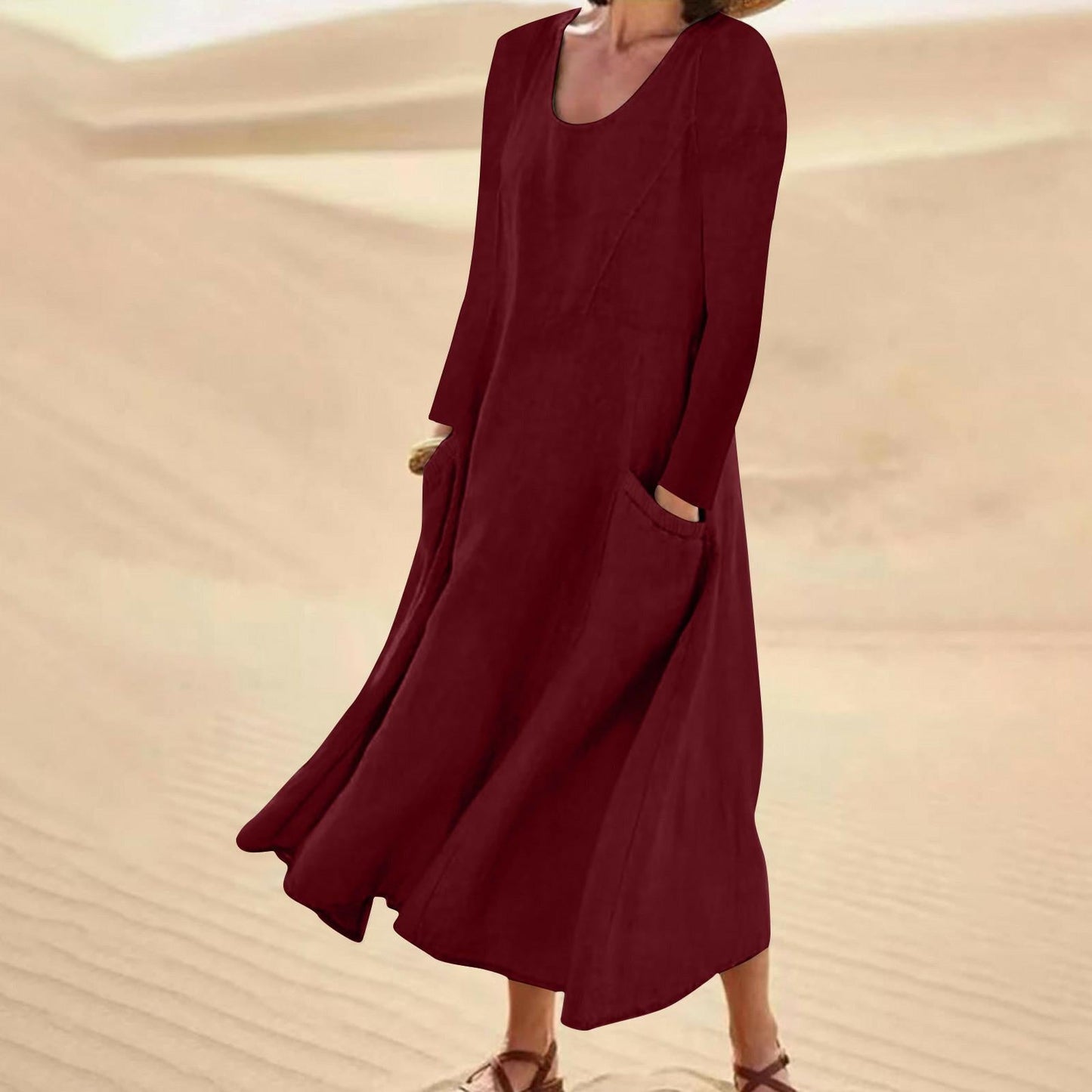 Ivyshape | Solid Color Dress with Long Sleeves and Round Neckline