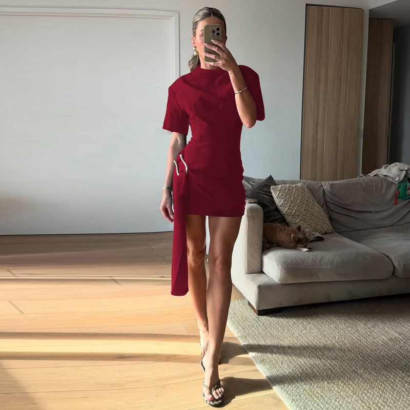 Women Asymmetrical Min Dress with Elegant Slit and Refined Details Ivyshape