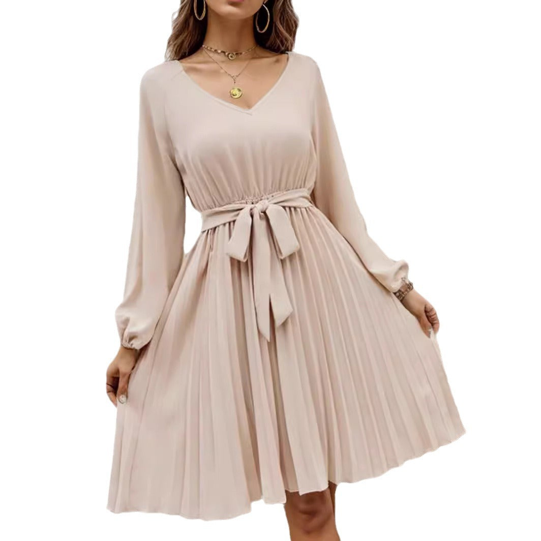 IvyShape | Solid V-Neck Tie Pleated Long Sleeve Dress