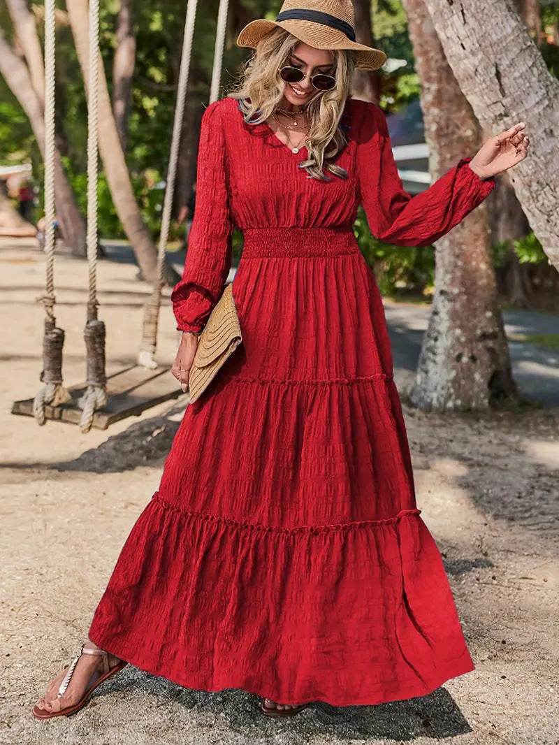 Women's maxi dress with swinging ruffle and smock-like waistband Ivyshape