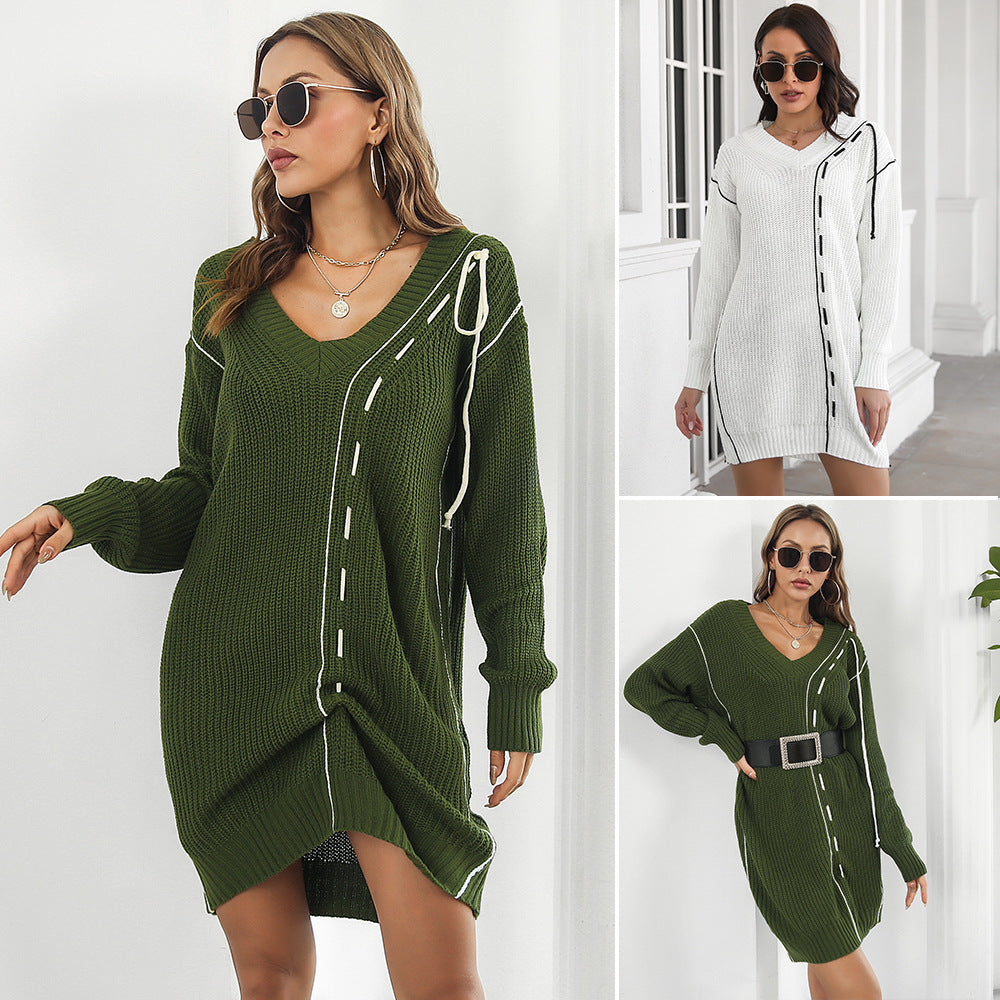Women Large V-Neck Knit Dress with Decorative Seams Ivyshape
