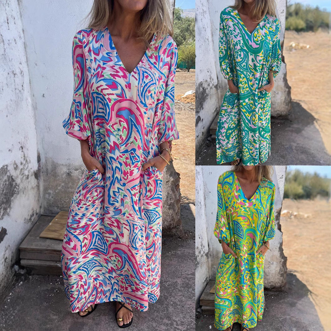 Women Long Sleeve Dress with V-Neck and Practical Pockets Ivyshape