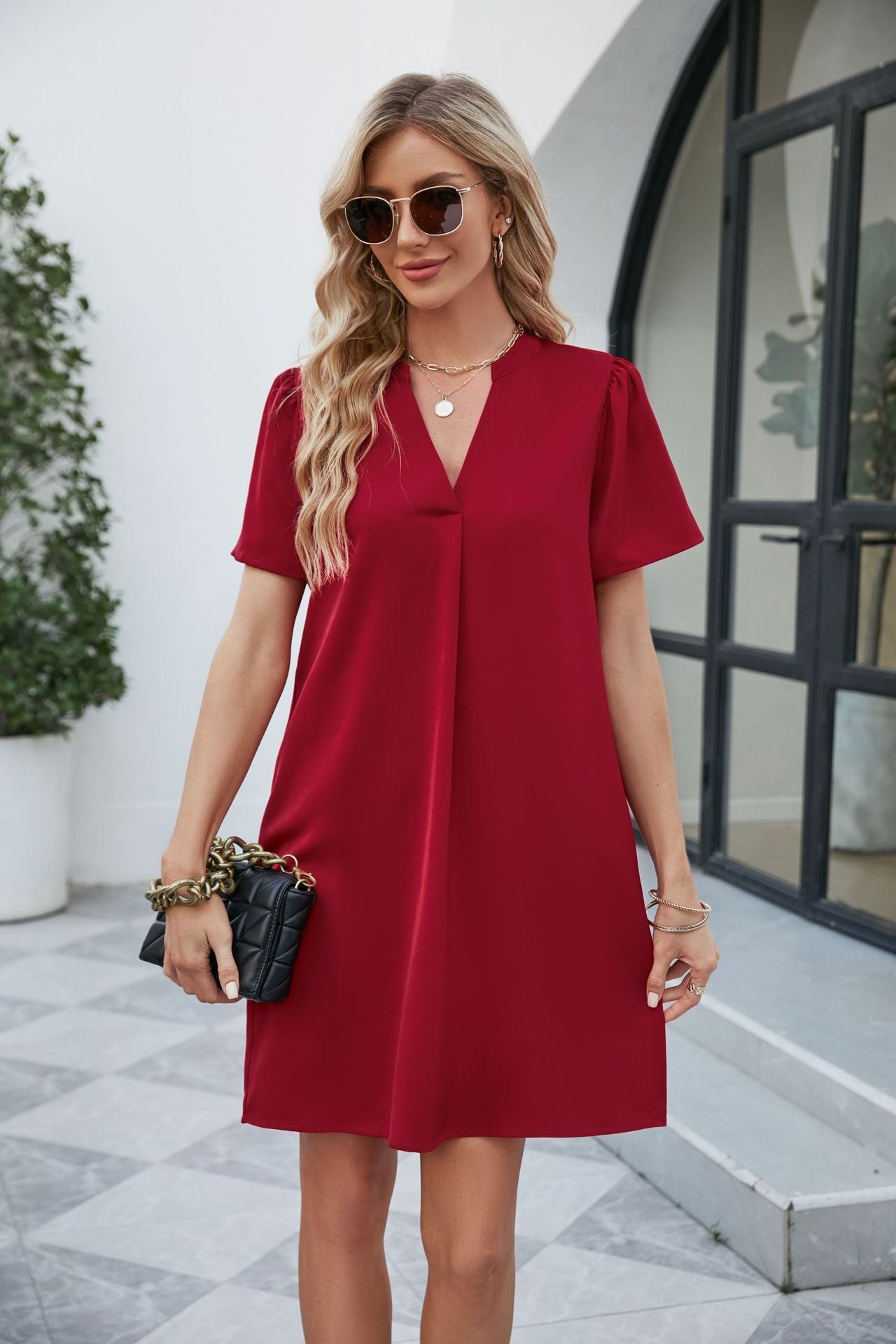 IvyShape | Satin Office Casual Loose V-Neck Sexy Dress