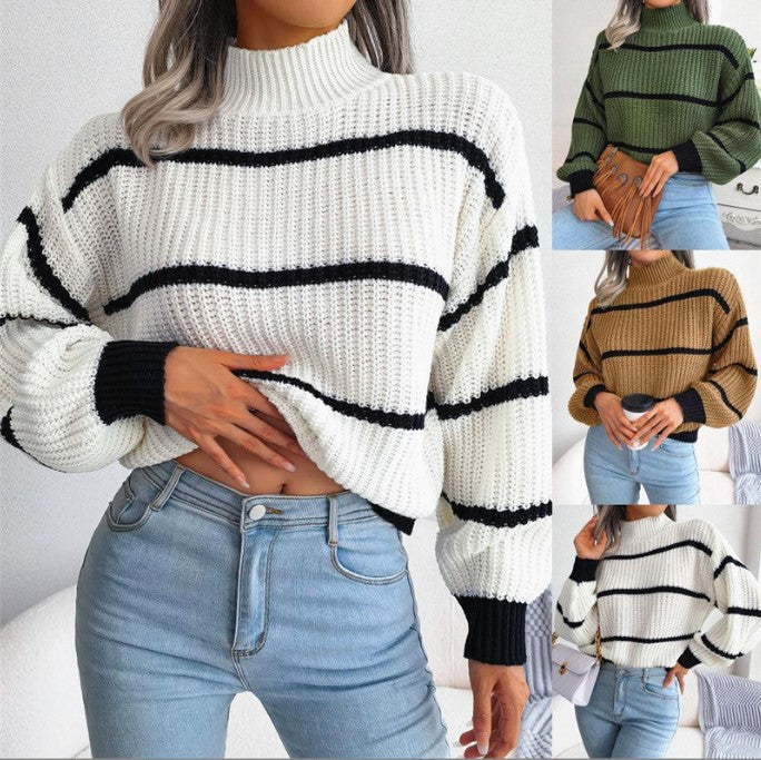 IvyShape | Casual Striped Lantern Sleeve High Neck Sweater