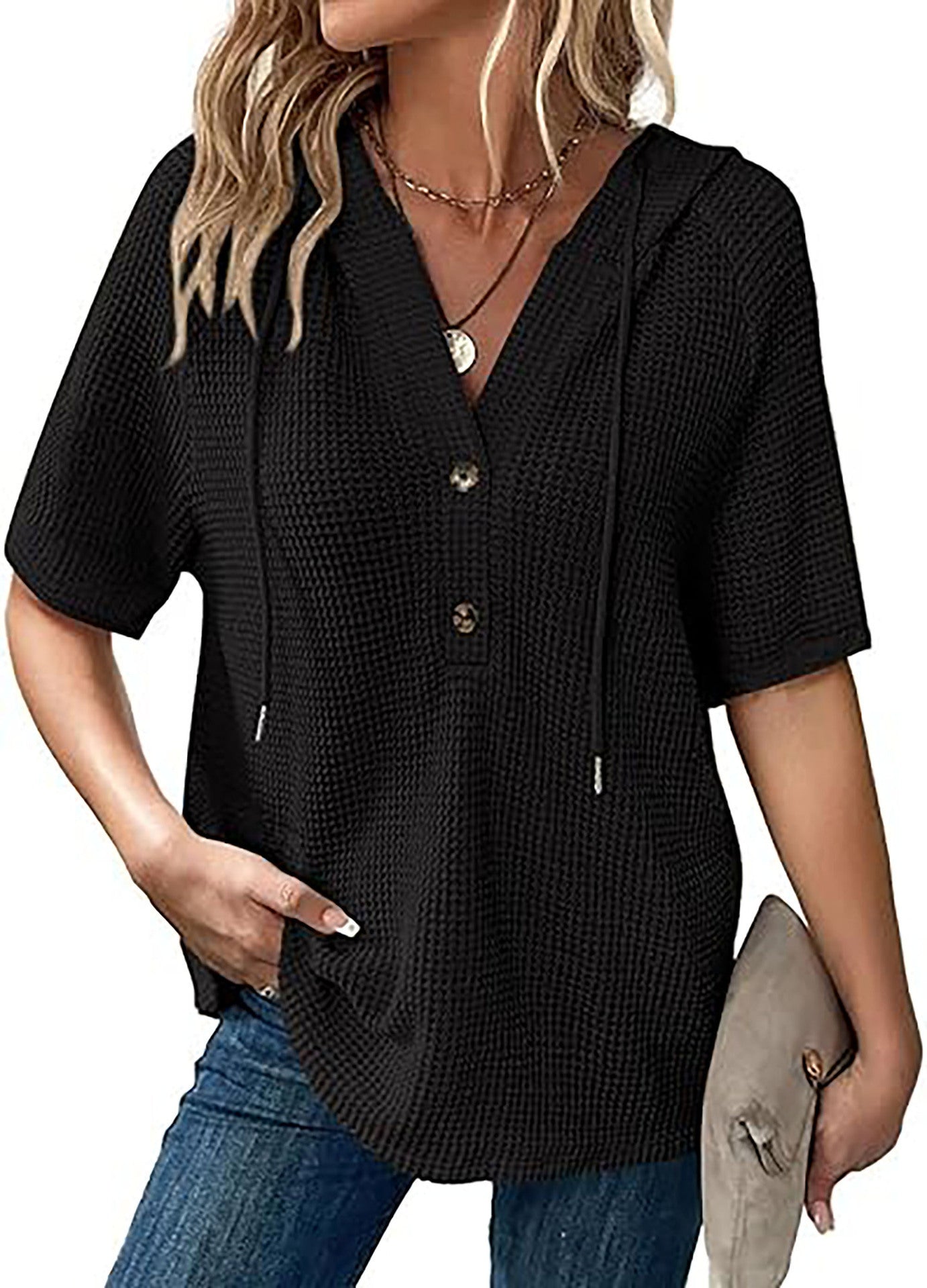Ladies fashionable hoodie top with button placket and casual fit Ivyshape