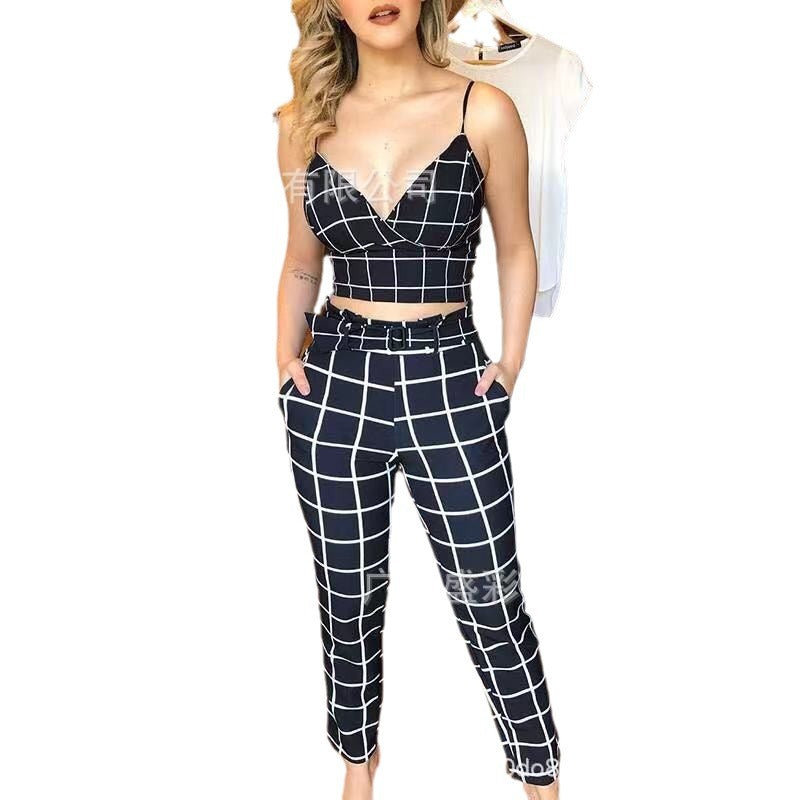 IvyShape | Printed Sexy Camisole Deep V Crop Top & Plaid Pants Set