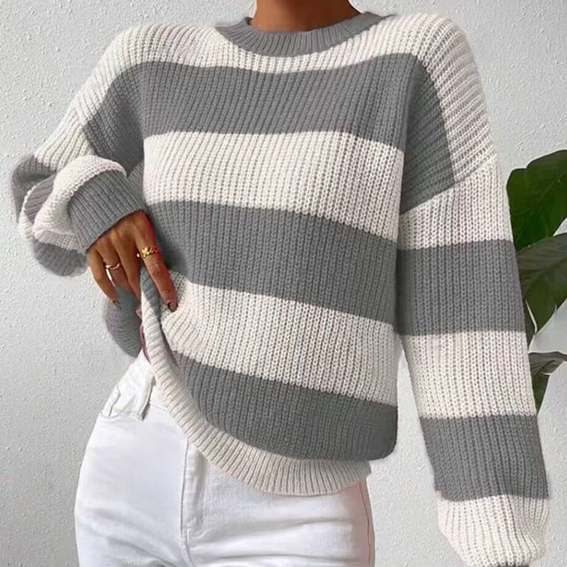 IvyShape | Striped Loose Long Sleeve Knit Sweater