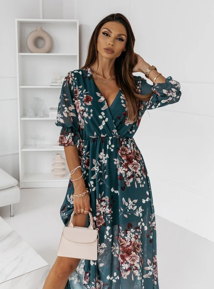 IvyShape | Short Sleeve Split Chiffon Printed Maxi Dress