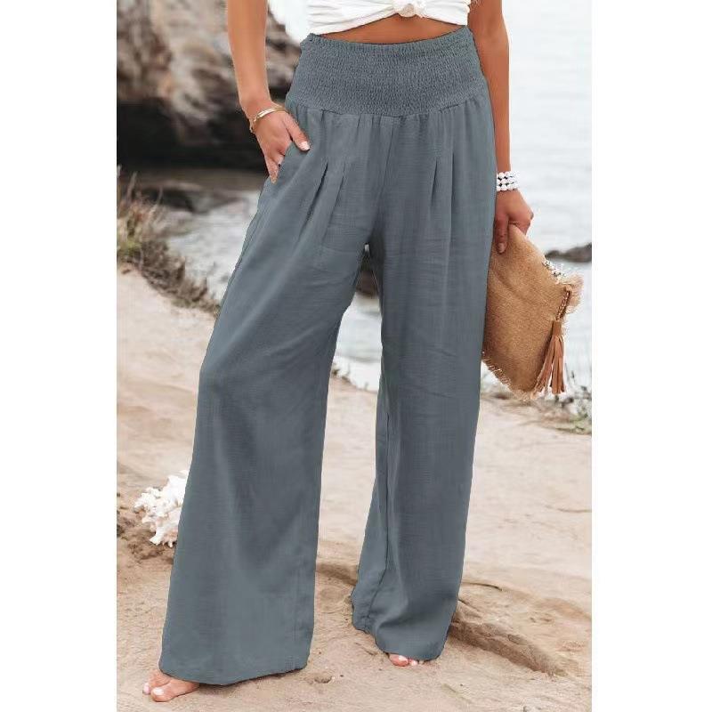 Women wide linen pants with elastic waistband and pleats Ivyshape