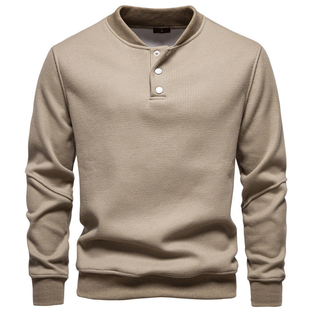 Men's long-sleeve pullover with button placket and textured fabric Ivyshape