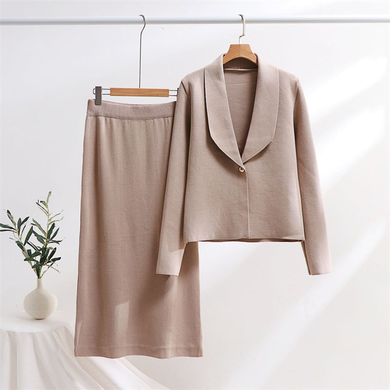 Ladies elegant knit ensemble with blazer and midi skirt Ivyshape