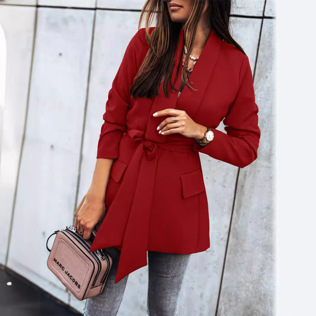 Women Fashion Blazer Jacket with Practical Belt and Deep Pockets Ivyshape