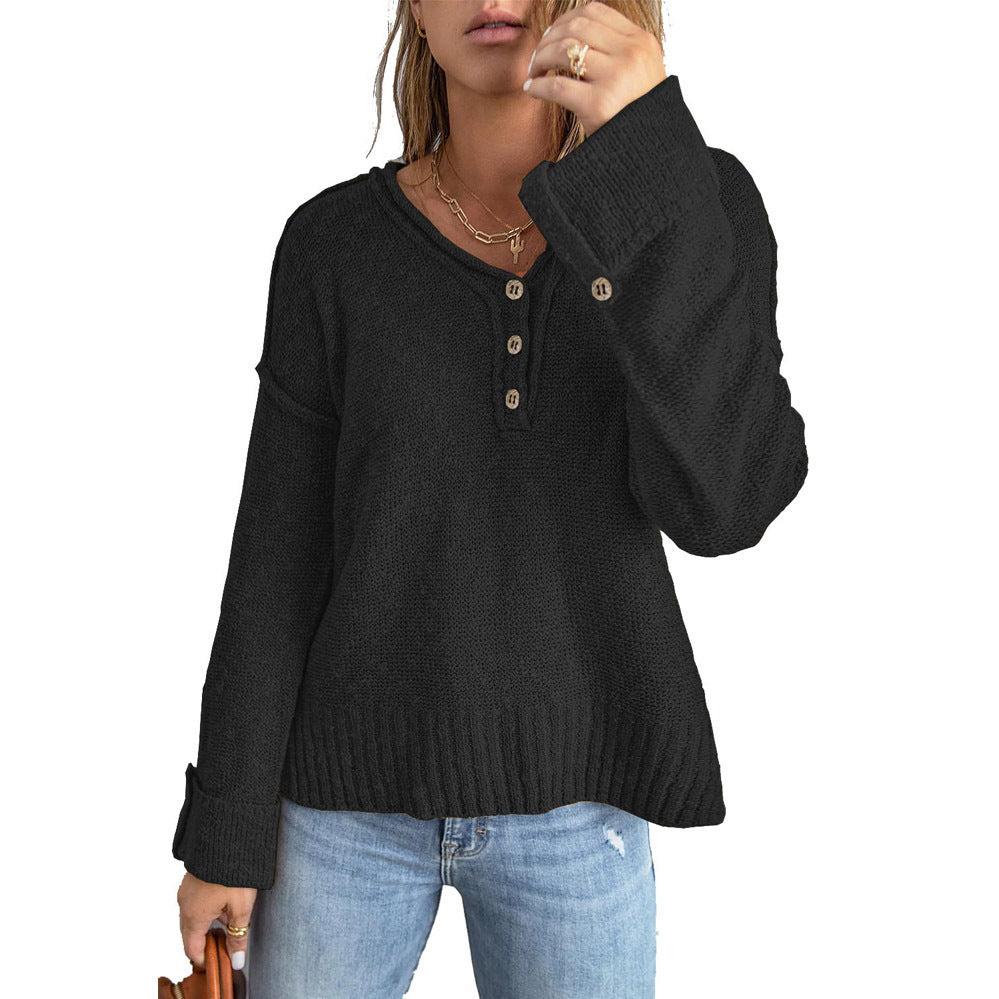 Ladies casual knit sweater with button placket and loose fit Ivyshape