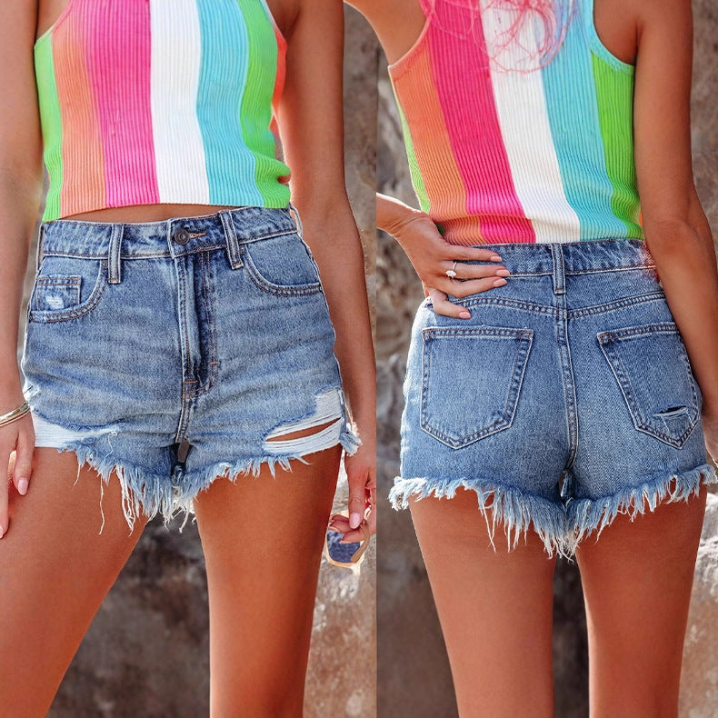 Women's denim shorts with frayed hems and stylish ripped details Ivyshape