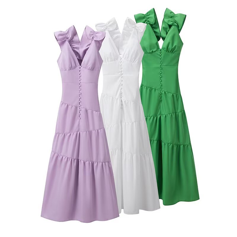 Women's maxi dress with a flowing ruffle design and elegant V-neck Ivyshape