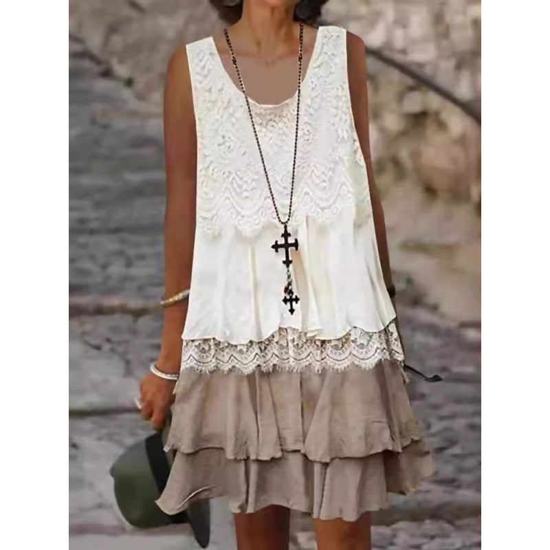 Women's summer midi dress with ruffle details and lace Ivyshape