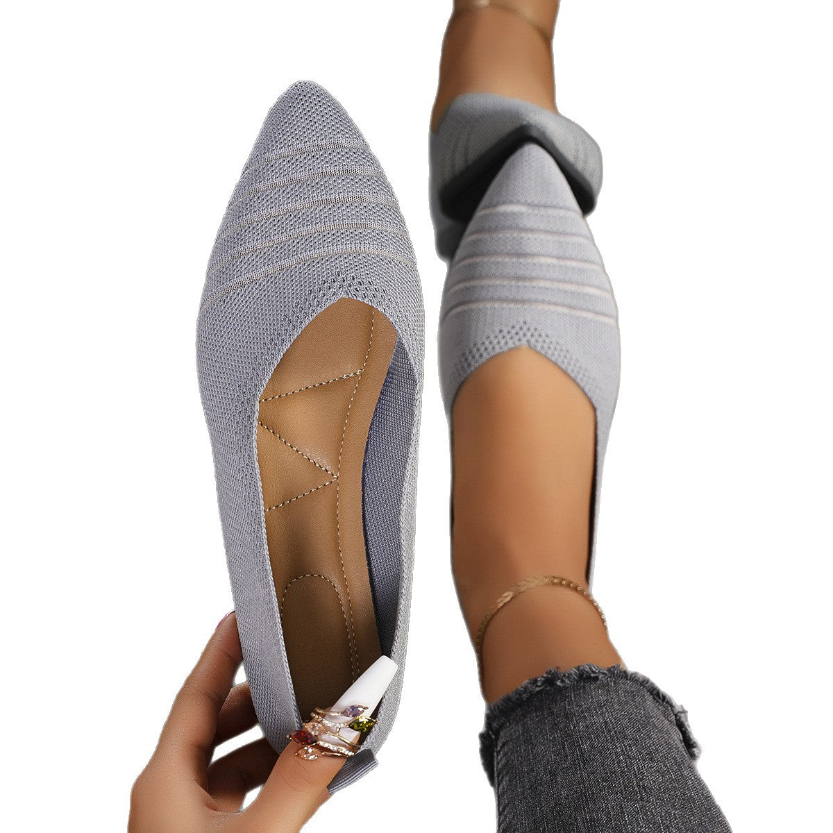 Women striped knit pointed shoe flats Ivyshape