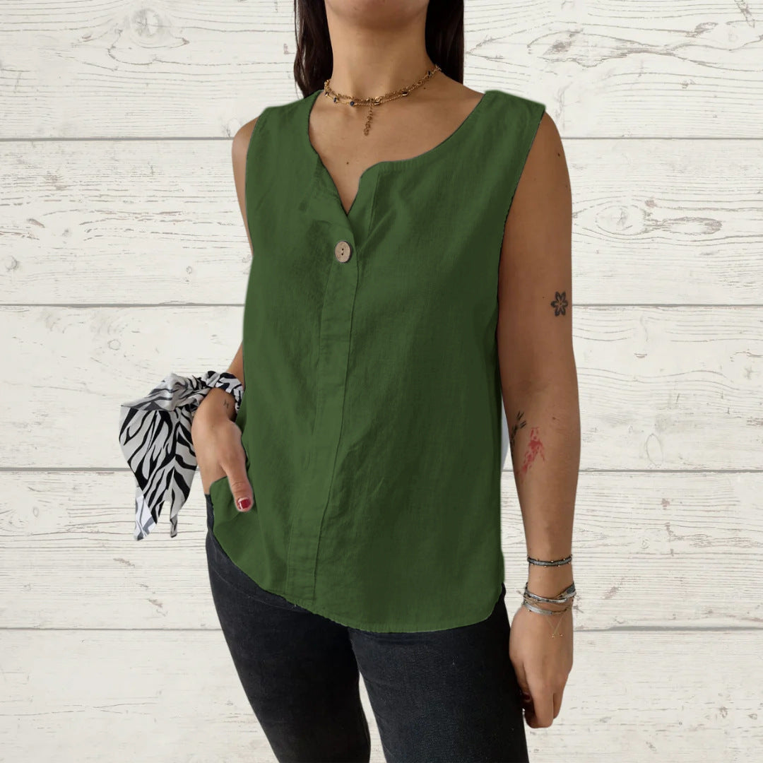Women Light, Sleeveless Linen Blouse with Button Details Ivyshape