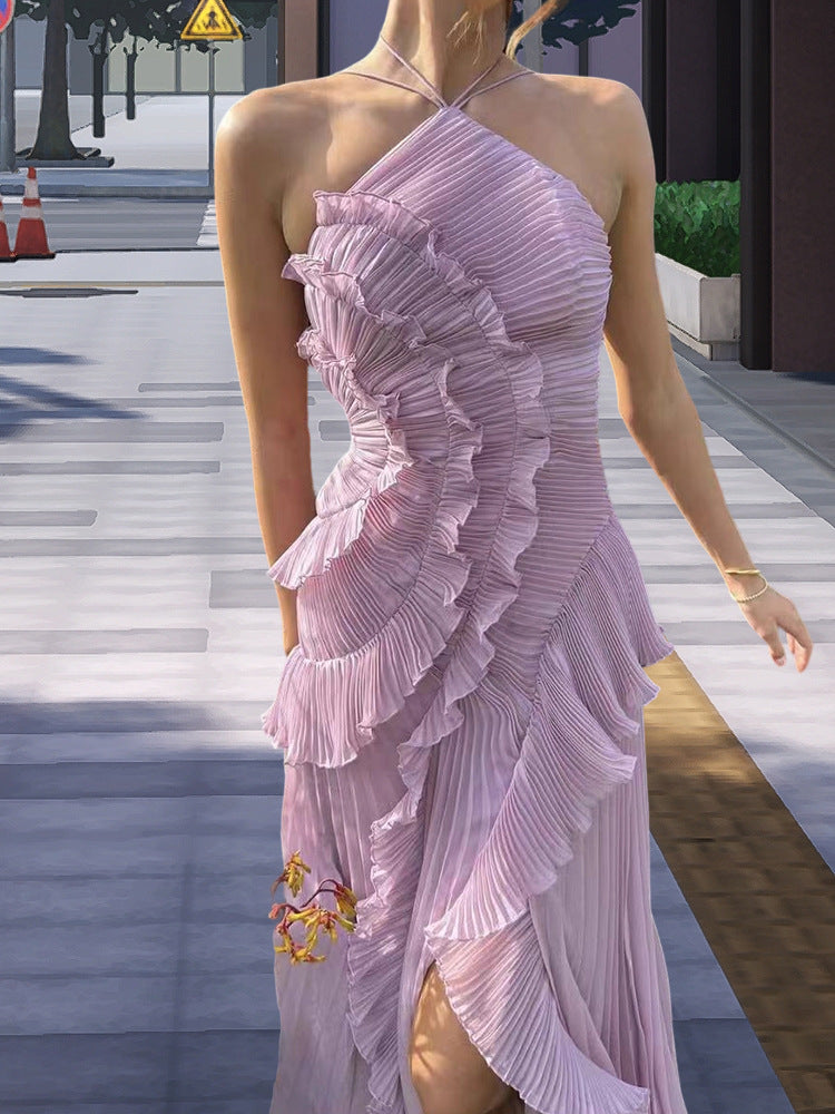 Women Elegant Wrap Dress with Pleated Ruffles and Asymmetrical Hem Ivyshape