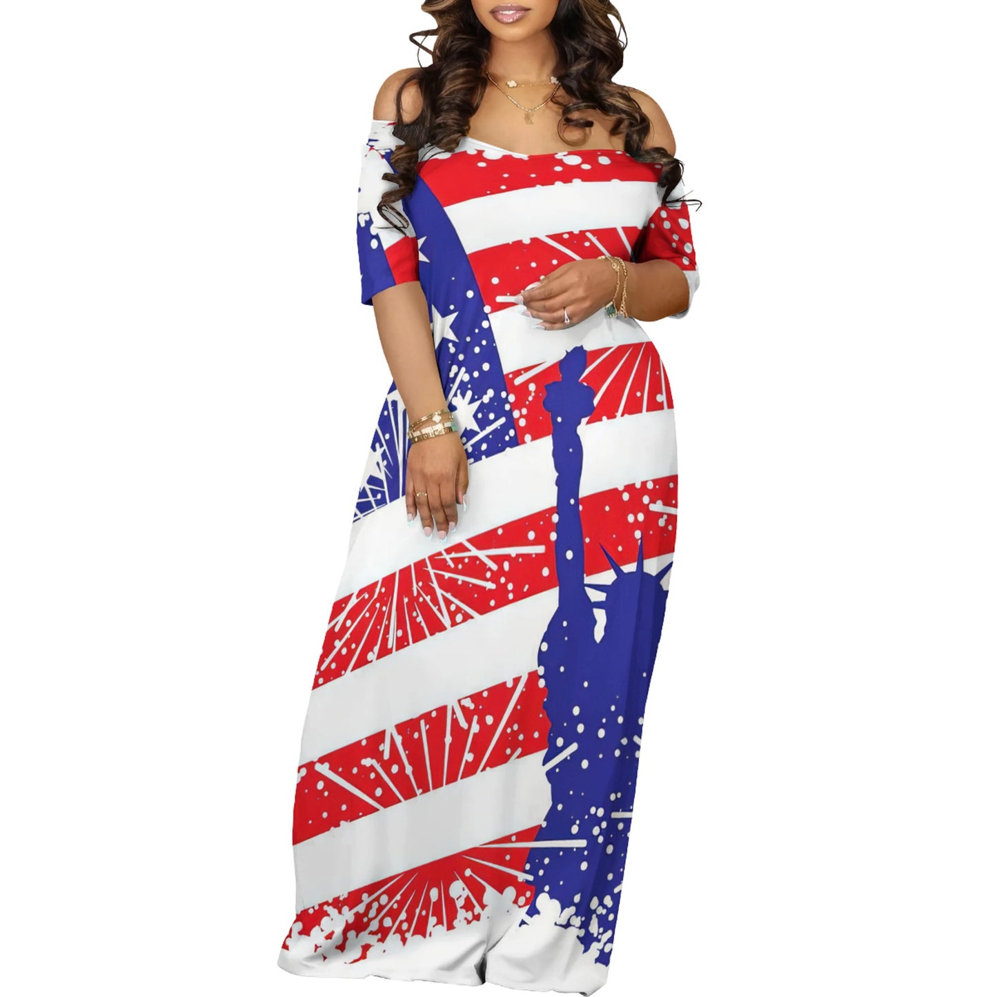 Women's Off-Shoulder Maxi Dress in Creative Graphic Design and Comfortable Fit Ivyshape