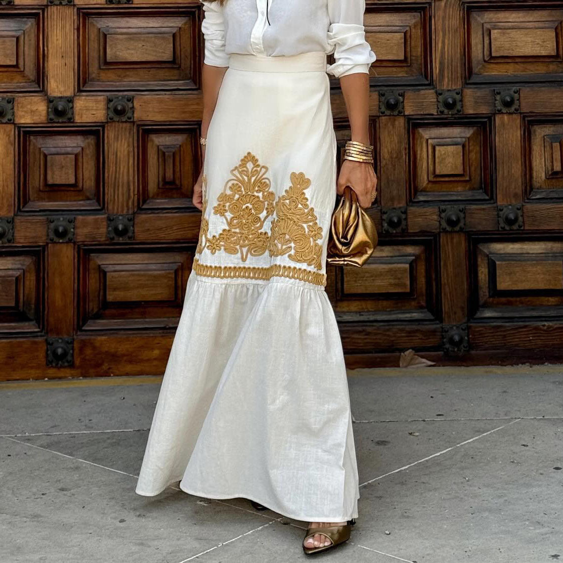 Women Embroidered High-Waisted Maxi Skirt Ivyshape