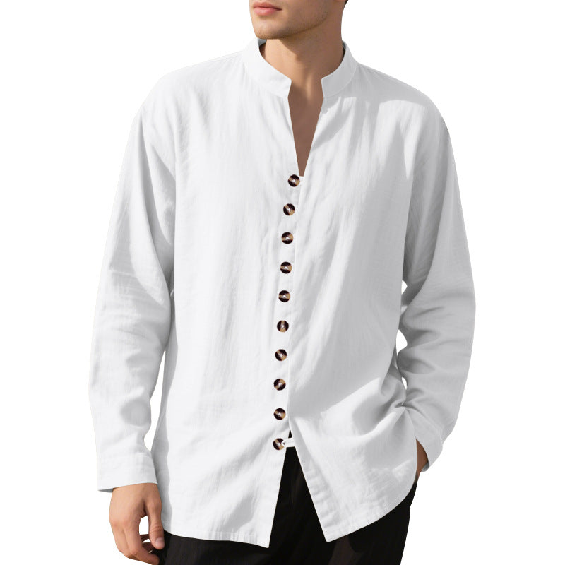 Men's stylish long-sleeve shirt with fashionable stand-up collar and unique button detail Ivyshape