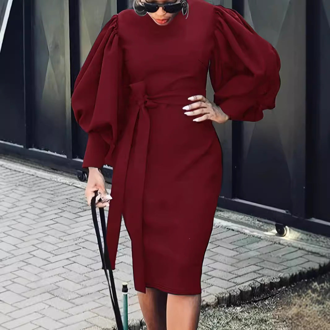 Women's pencil dress with voluminous puff sleeves and a waist belt Ivyshape