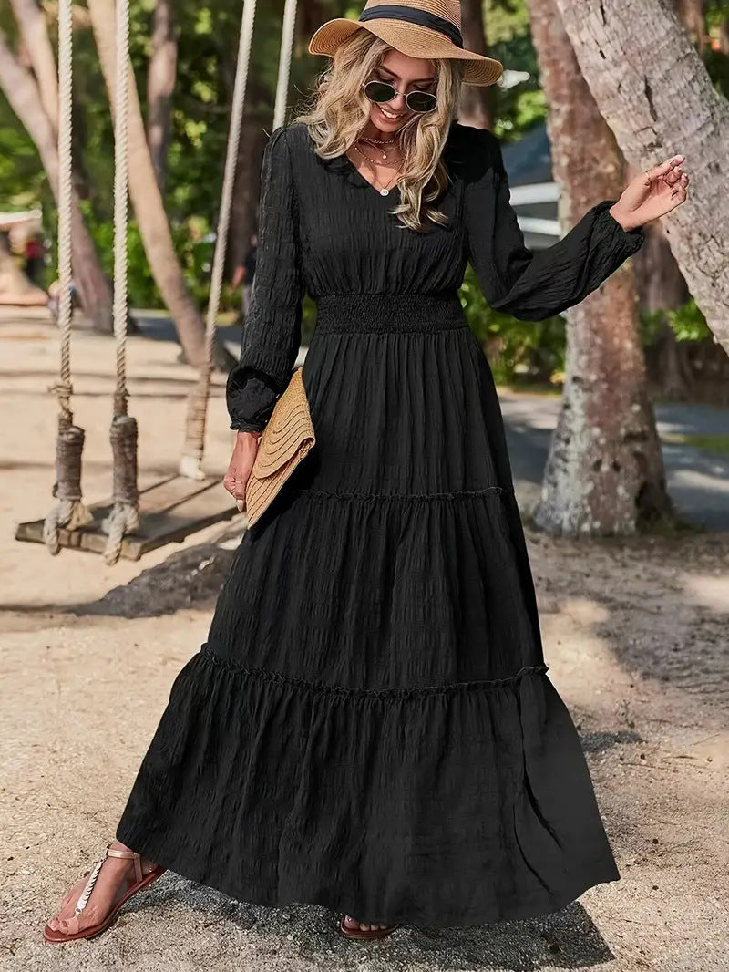 Women's maxi dress with swinging ruffle and smock-like waistband Ivyshape